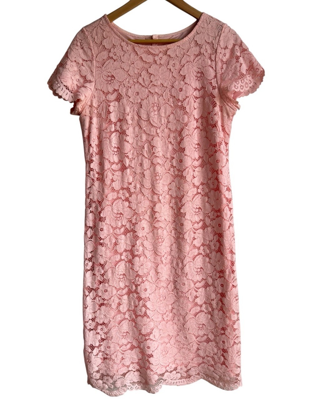 Romantic Eyelet Lace Overlay Sheath Dress Sz 8 Baby Pink Below Knee Pretty
